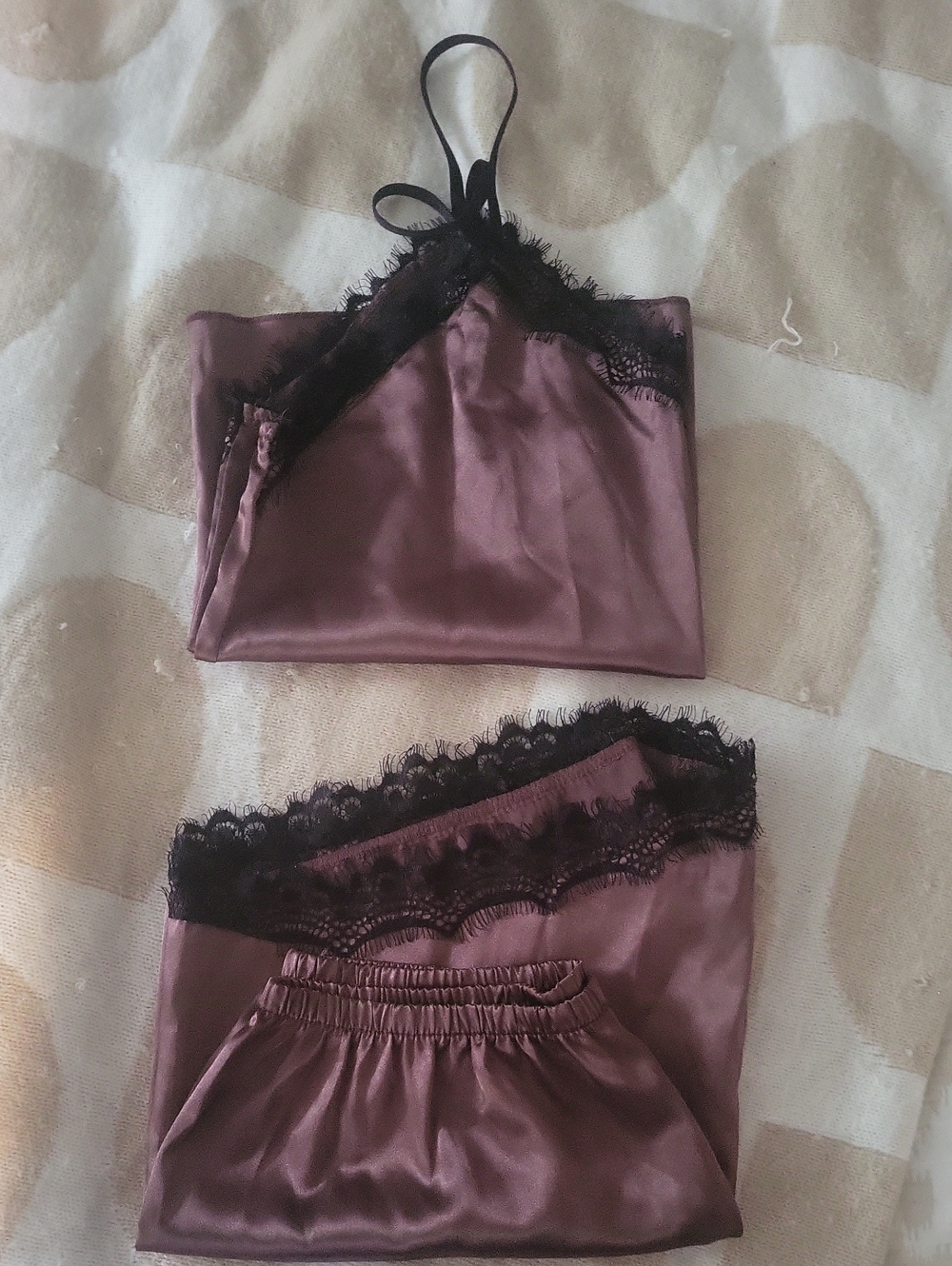 Silky Lace-Trim Cami & Short Set in Rich Chocolate Brown - Picture 3 of 6